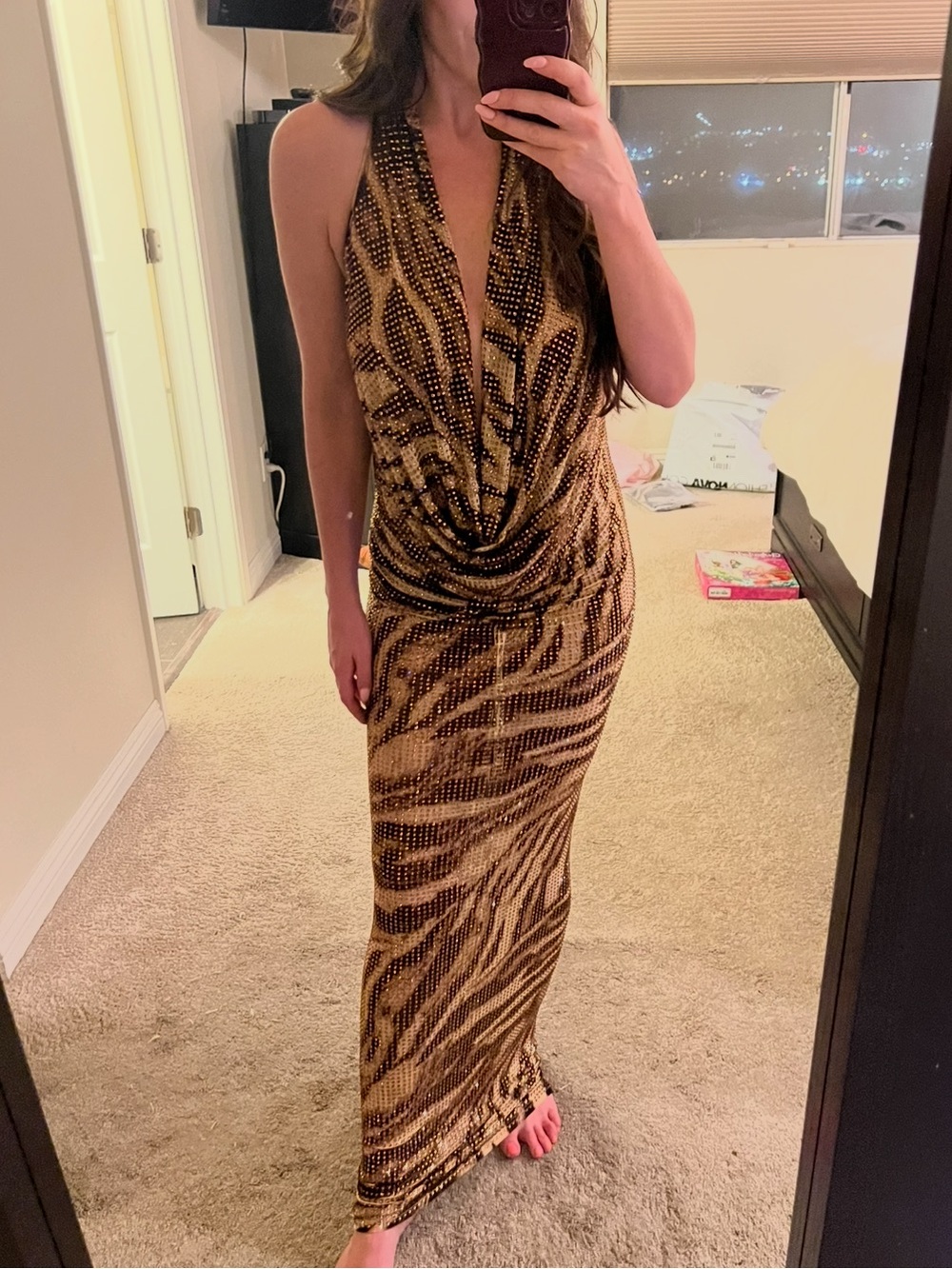 Fashion Nova Brown & Black Sequin Backless Halter Dress - Picture 3 of 7